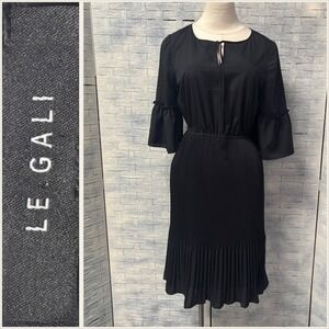 LE GALI Black Bell Sleeve Pleated Midi Dress Womens S Tie Neck Elastic Waist
